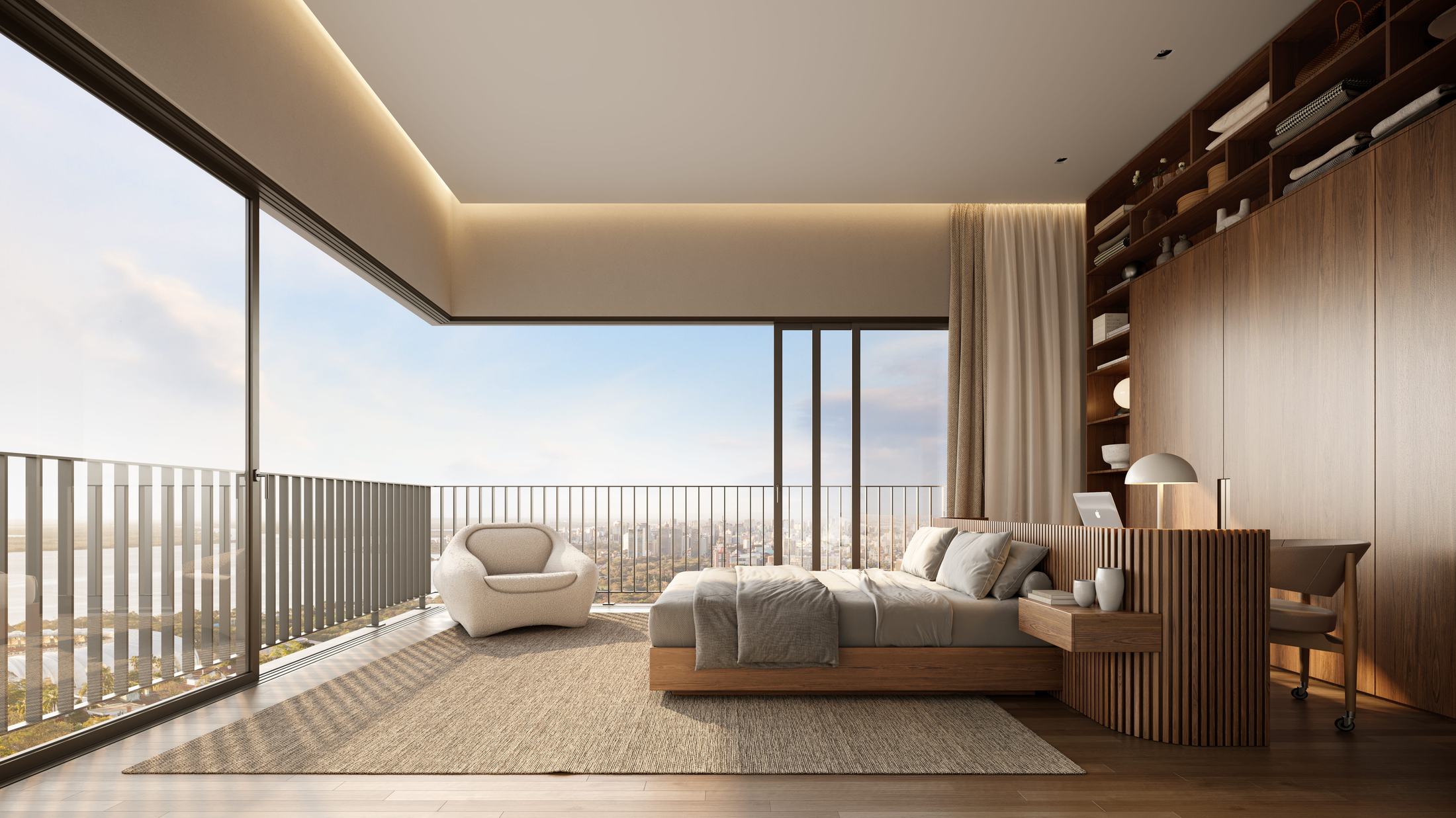 Suíte master com cama de casal, poltrona e janelas de canto abertas para a vista