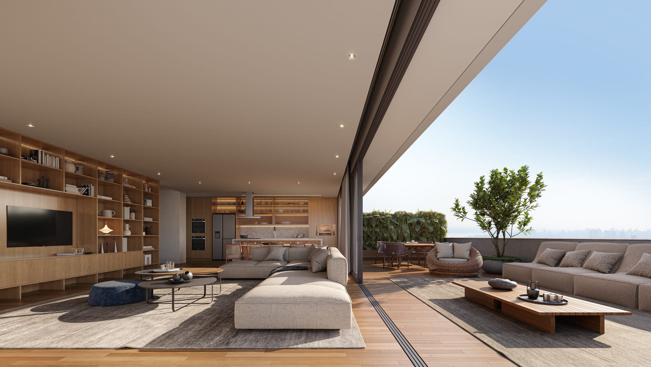 Living da cobertura do Aria aberto para o terraço, com sofás, estante de madeira e o céu ao fundo
